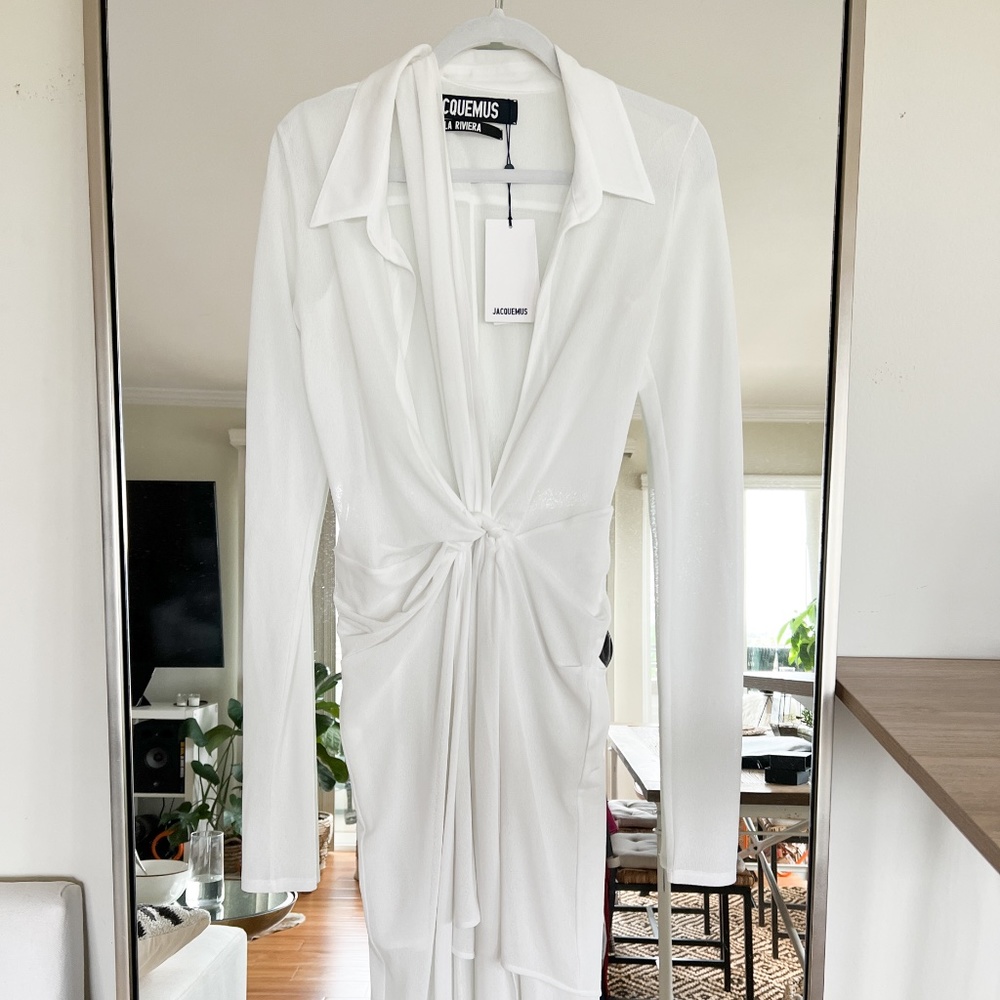 JACQUEMUS Bellagio Plunge White Sheer MIDI Dress